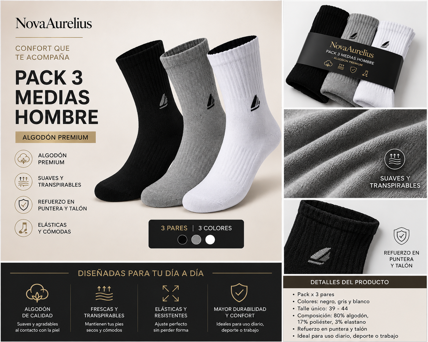 Pack x 3 Medias Hombre Algodón Premium – Negro, Gris y Blanco