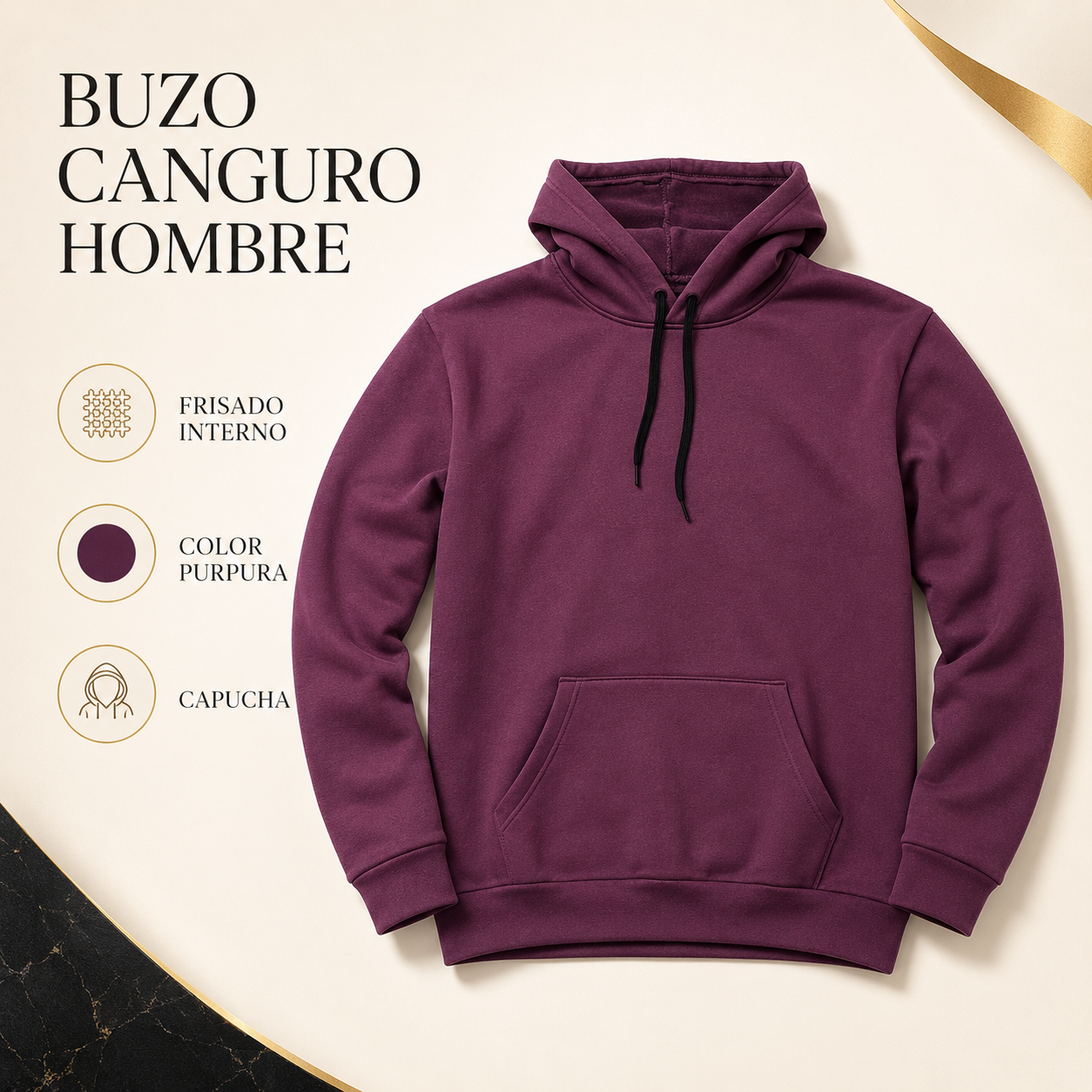 Buzo Hombre Canguro Frisado Liso Púrpura