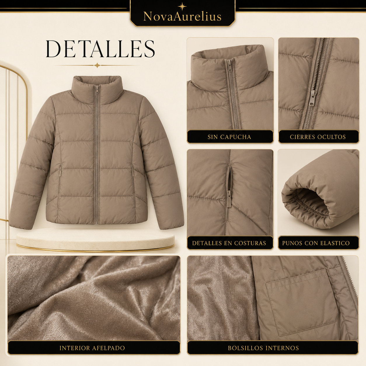 Campera Inflable Mujer Taupe sin Capucha