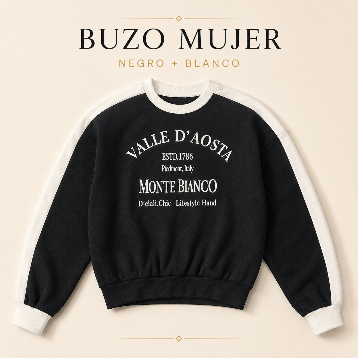 Buzo Mujer Cuello Redondo Monte Bianco Negro y Blanco