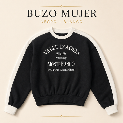 Buzo Mujer Cuello Redondo Monte Bianco Negro y Blanco