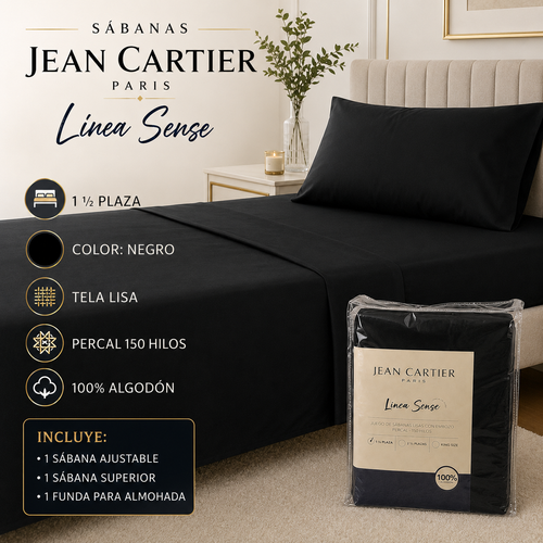 Sábanas Jean Cartier Línea Sense 1 1/2 Plaza Negro – Percal 150 Hilos