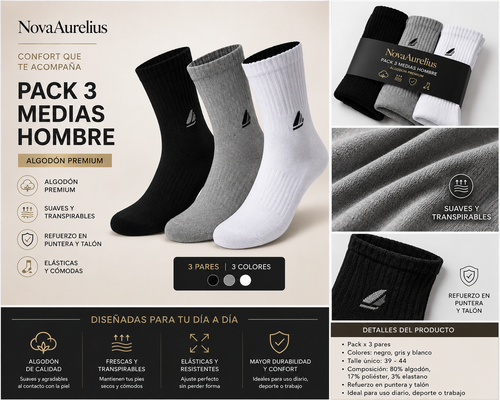 Pack x 3 Medias Hombre Algodón Premium – Negro, Gris y Blanco