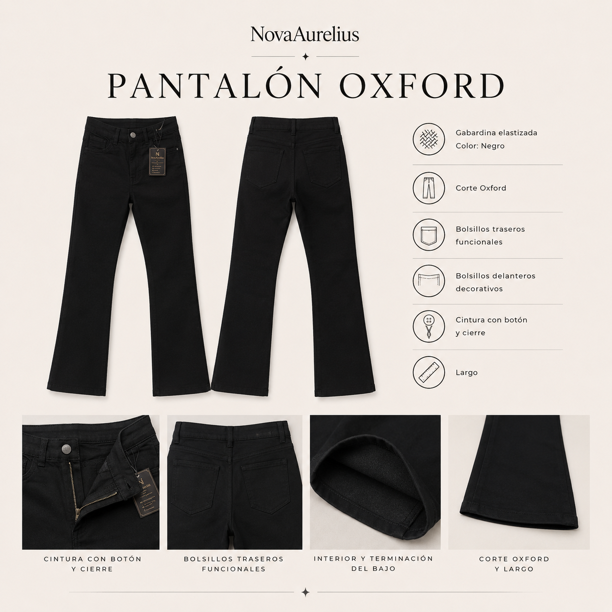 Pantalón Oxford Gabardina Elastizada Negro Mujer