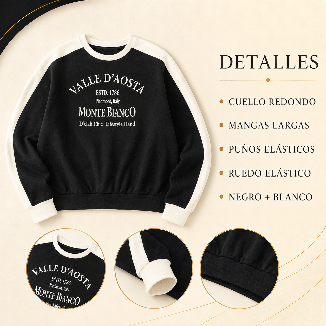 Buzo Mujer Cuello Redondo Monte Bianco Negro y Blanco